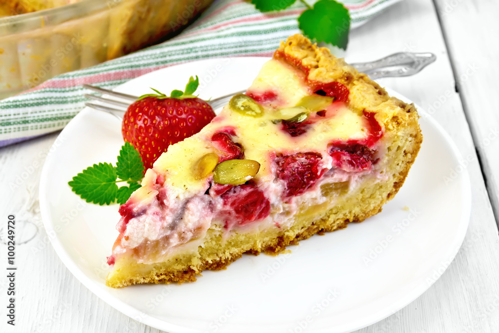Pie strawberry-rhubarb with sour cream on light board Pie strawberry-rhubarb with sour cream on light board