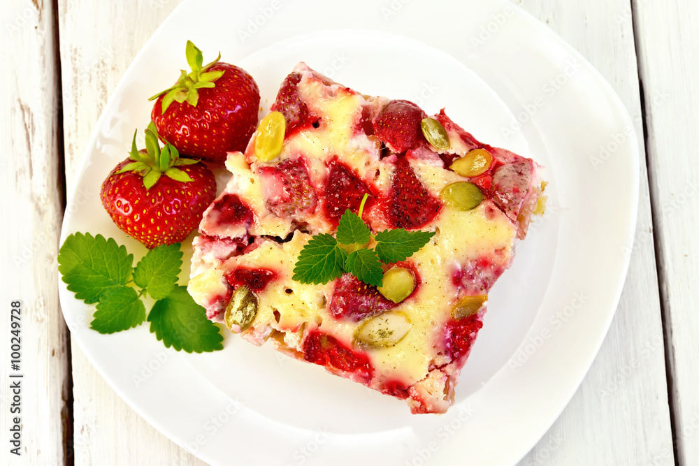 Pie strawberry-rhubarb with sour cream on plate Pie strawberry-rhubarb with sour cream on plate