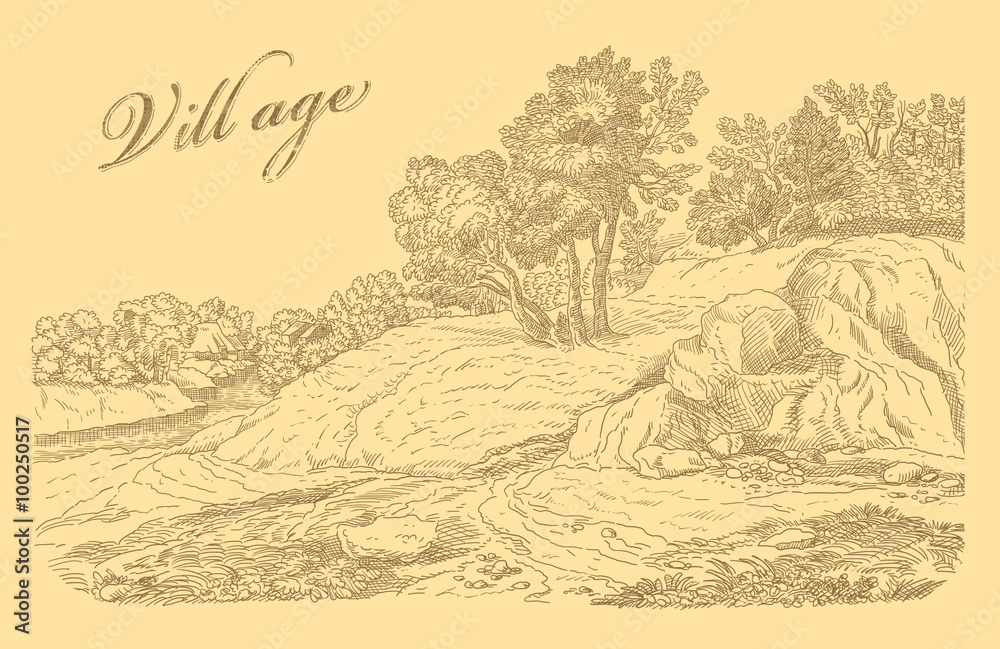 Naklejka premium Old village art illustration 