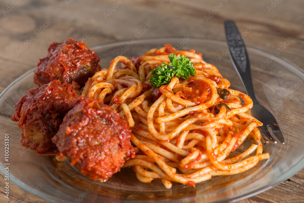 Pasta with meatballs and tomato sauce. Selective focus. Pasta with meatballs and tomato sauce. Selective focus.