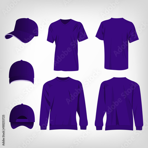 Sport violet t-shirt, sweater and baseball cap isolated set vector