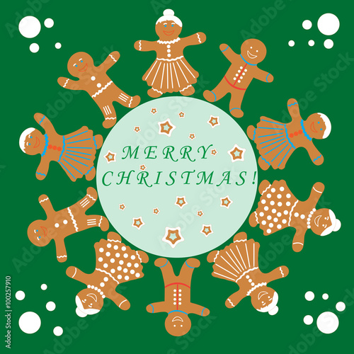 Dancing merry gingerbread men and greetings merry Christmas