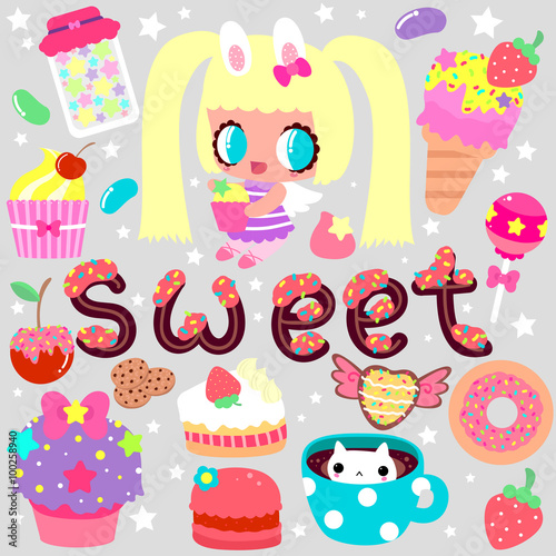 Big set of pretty sweets and food with a little funny girl.