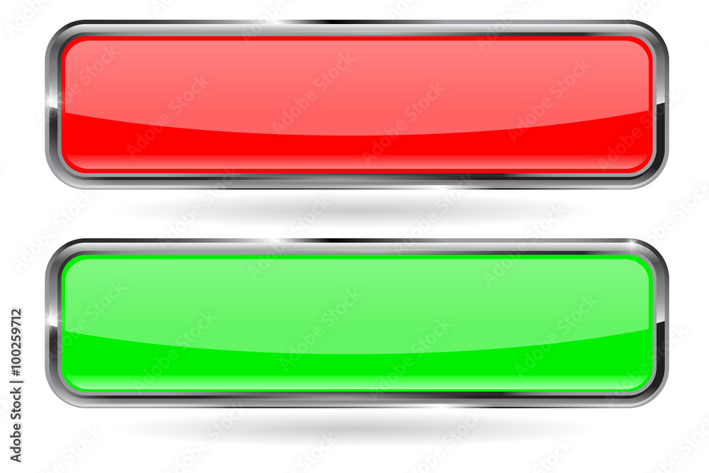Web button. Red and green shiny button with metal fram Web button. Red and green shiny button with metal fram
