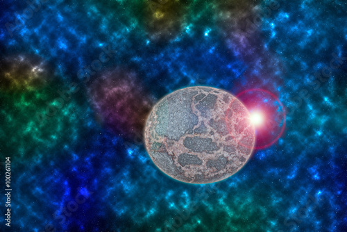 Fototapeta Naklejka Na Ścianę i Meble -  Cold Dead Planet in  orbit in a colorful universe