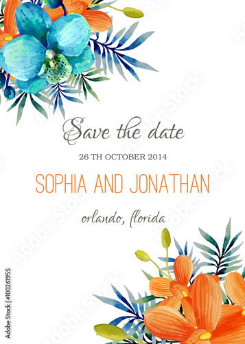Wedding invitation watercolor with flowers.