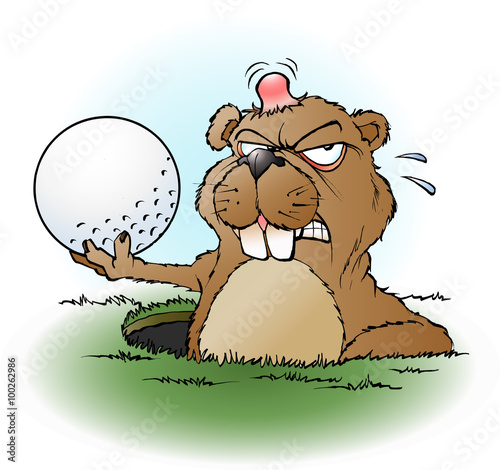 Vector cartoon illustration of an angry prairie dog with a golf ball