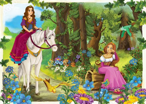Fototapeta Naklejka Na Ścianę i Meble -  Cartoon girl riding on a white horse - princess or queen - illustration for the children