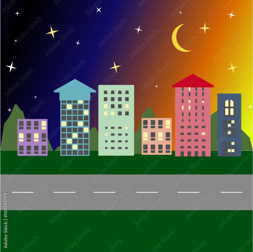 Fototapeta premium Street multi-colored buildings, roads vector