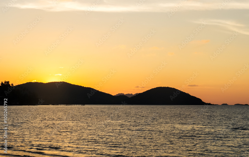 Silhouette Island in Twilight Time, Tropical View on The Beach while Sunset in Thailand