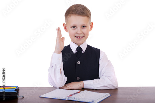 Caucasian school boy at his desk on white background with copy s photo