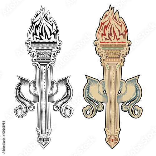 torch engraving style black and color  isolated on white