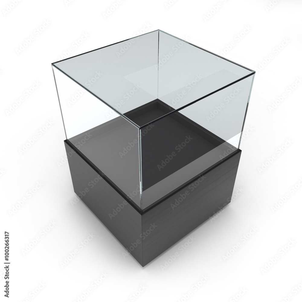 Empty Black glass showcase for exhibit isolated Empty Black glass showcase for exhibit isolated