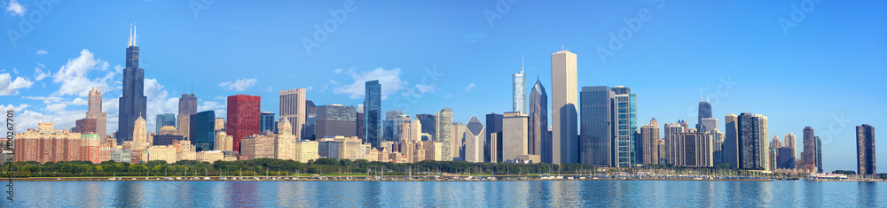 Naklejka premium Chicago skyline panorama z Lake Michigan, IL, Stany Zjednoczone