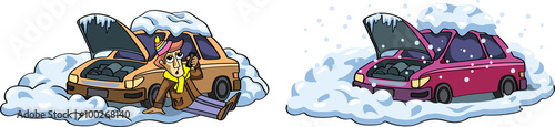 Broken, stuck car, winter, illustration, graphic, isolated, design elements