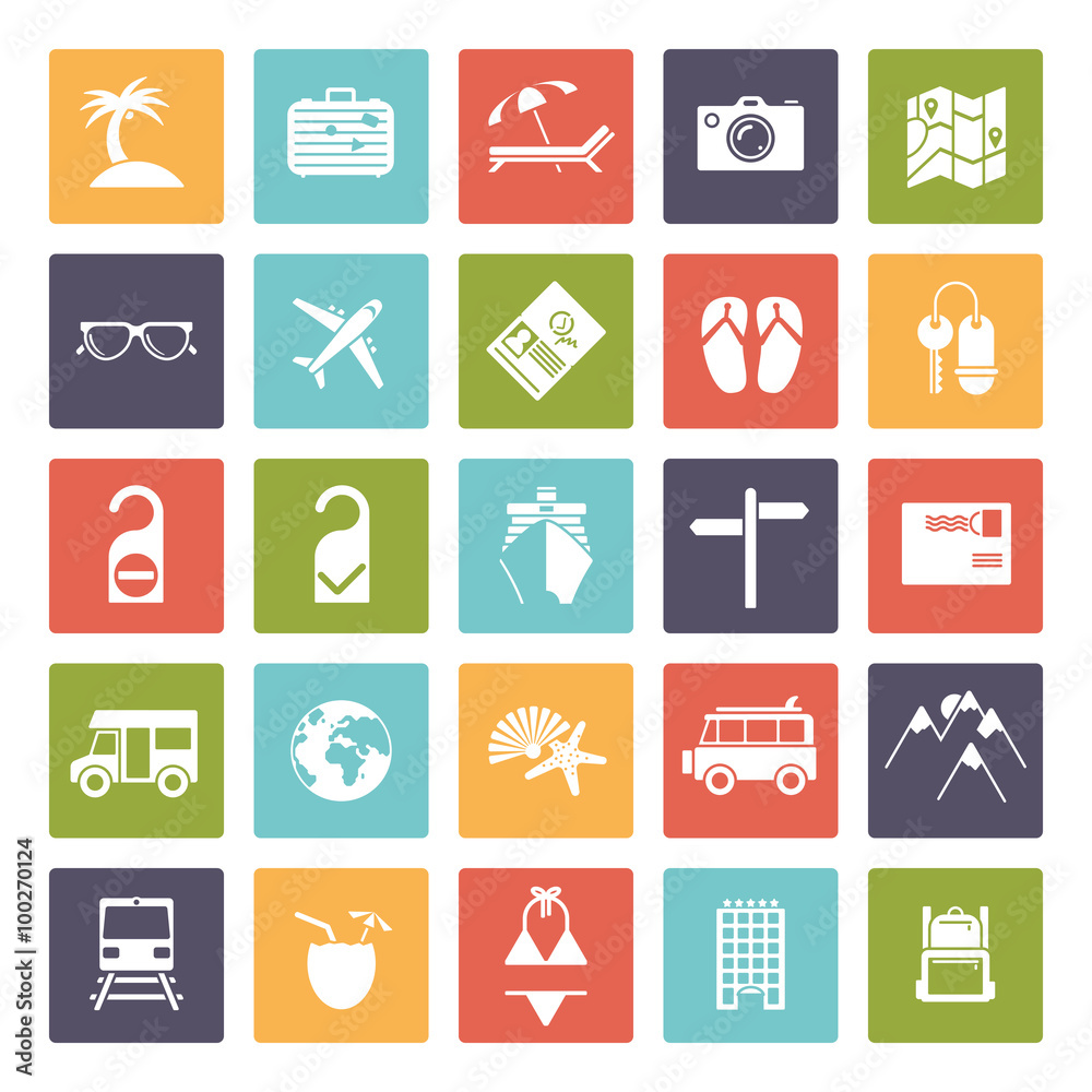 Travel and vacation icons in rounded squares
