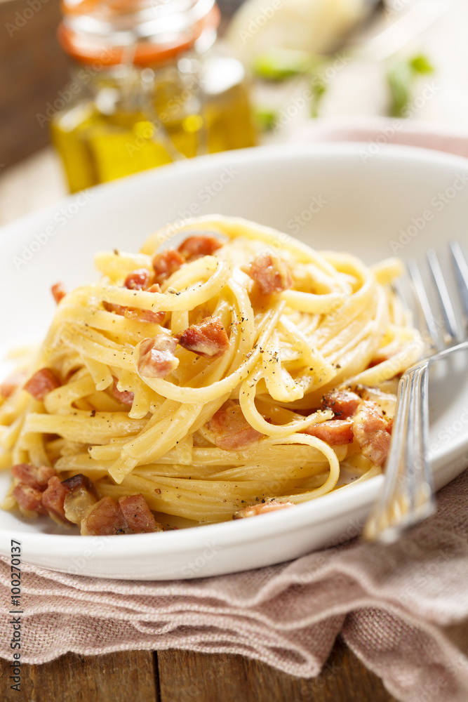 Pasta with egg sauce and ham