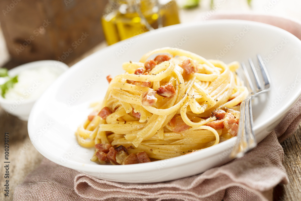 Pasta with egg sauce and ham