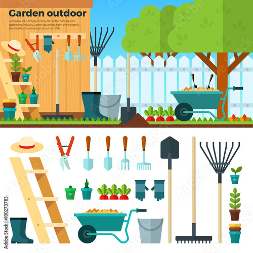 Summer Gardening Landscape in Cartoon Style