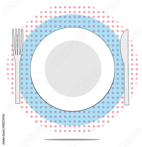 Illustration of plate with fork and knife with red spotted background