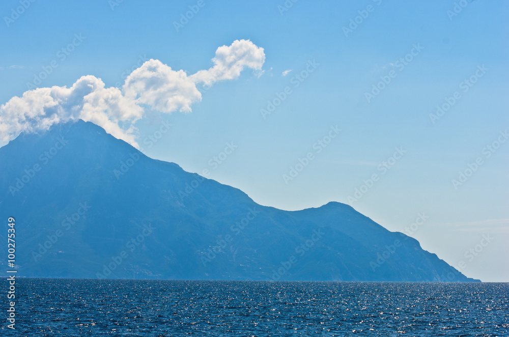 Aegean sea and silhouette of the holy mountains Athos, Greece