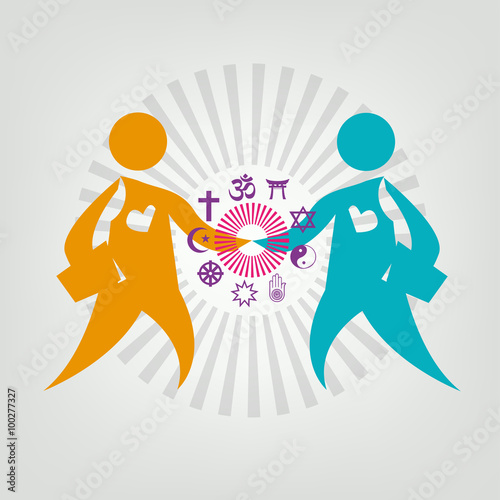 Interfaith Dialogue Flat concept. Editable Clip Art. Two leaders meet and shakes hand. Religious symbols on Figures' Handshake.

 