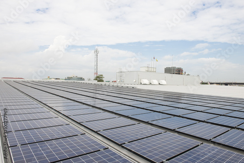 Power plant using renewable solar energy with blue sky with clou