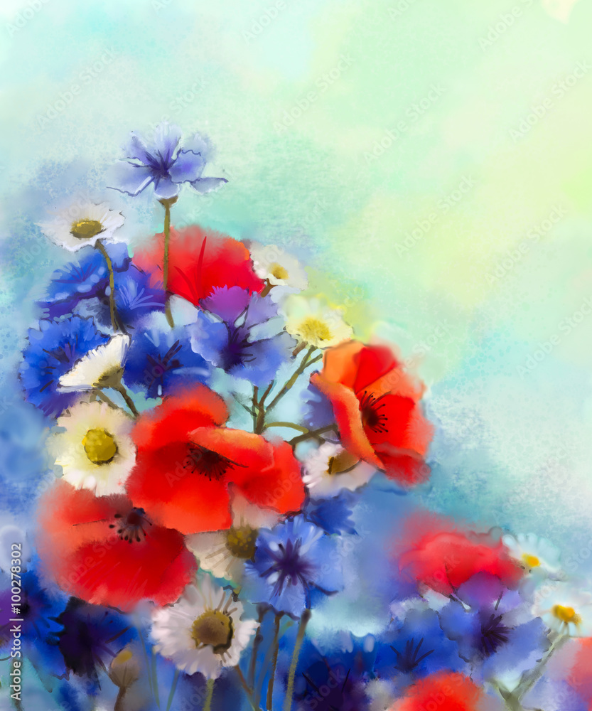 Fototapeta premium Watercolor red poppy flowers, blue cornflower and white daisy painting. Flower paint in soft color and blur style, Soft green and blue purple background. Spring floral seasonal nature background