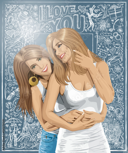 Vector Women Gay Couple Against Love Background