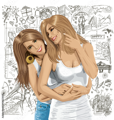 Vector Women Gay Couple Against Love Background