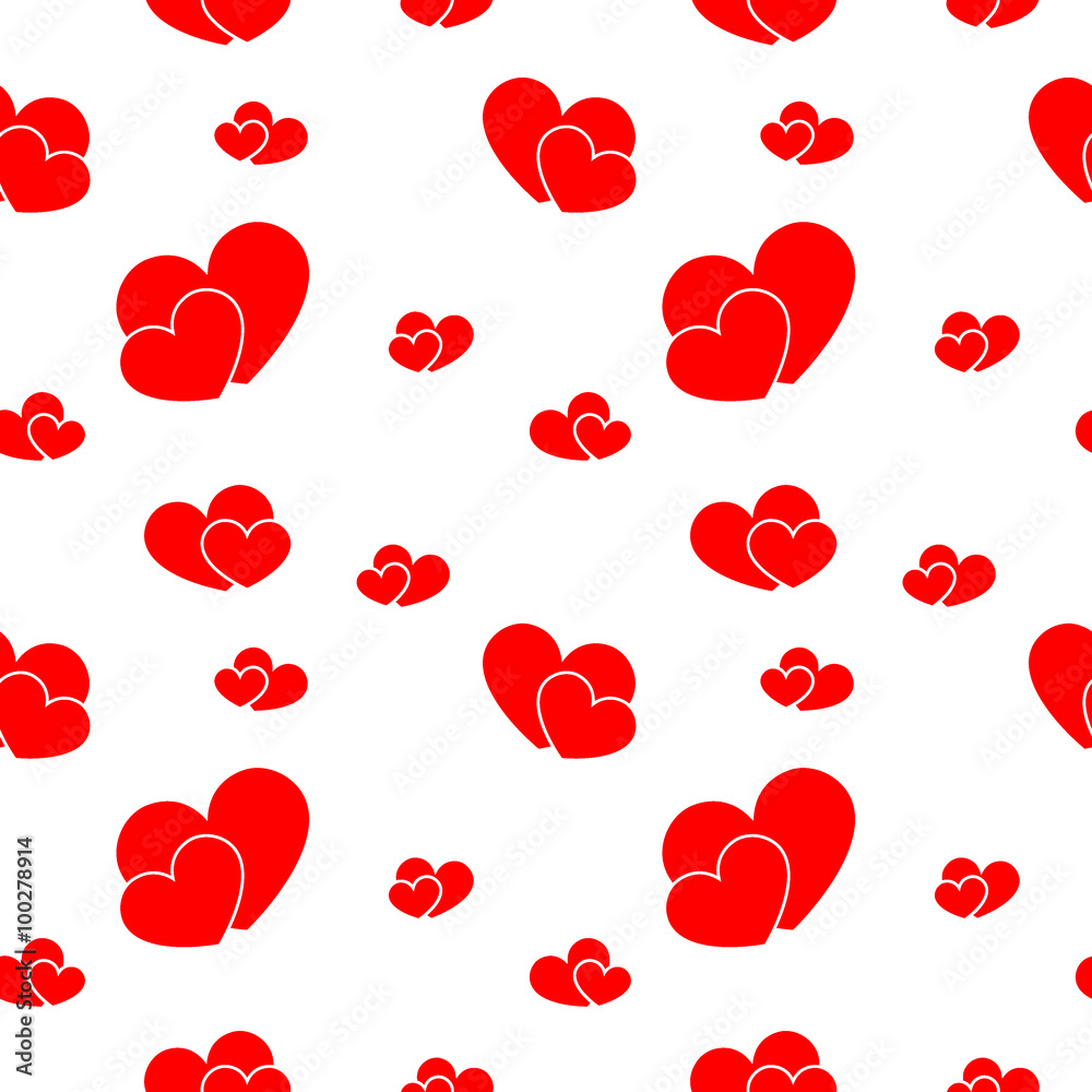 Red big and small hearts. Cute seamless pattern on white background. Fashion graphics design. Stylish Valentine day print concept for fabric, background, wallpaper or wedding card. Vector illustration
