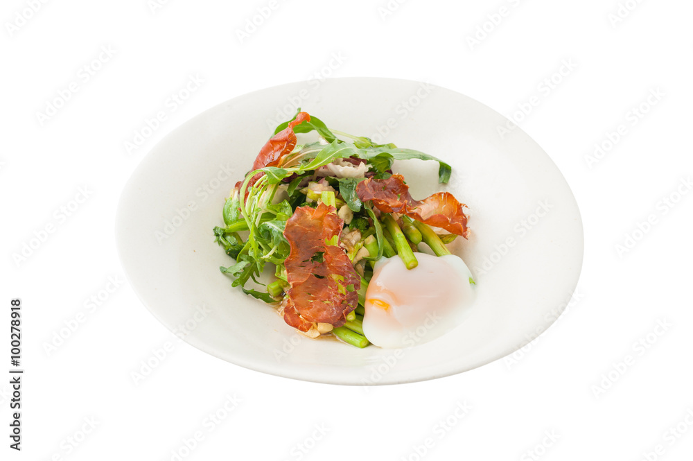 Vegetables salad with balsamic vinegar dressing, onsen tamago (Japanese style scald egg) and smoked striploin ham 1.5 millimeters thickness in ceramic bowl, a modern cusine concept food Vegetables salad with balsamic vinegar dressing, onsen tamago (Japanese style scald egg) and smoked striploin ham 1.5 millimeters thickness in ceramic bowl, a modern cusine concept food