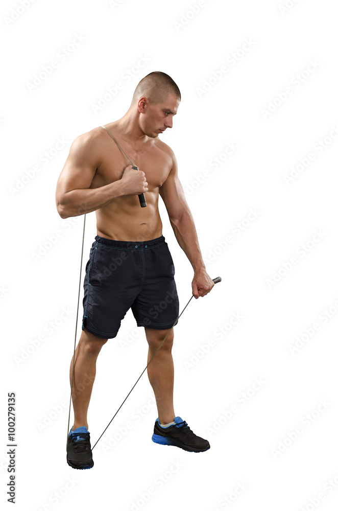 Man with jump rope isolted on white