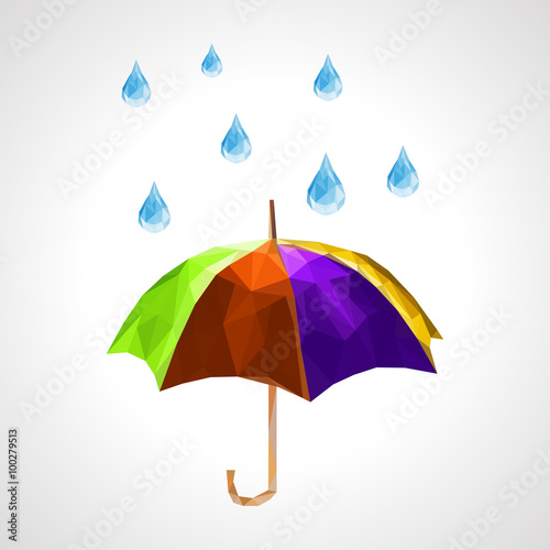polygon set of umbrella and rain drops for weather forecast purp