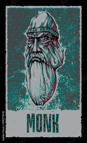 Monk. Fantasy Hero. Hand drawn vector illustration of a monk. The character symbolizing Faith, Courage and Wisdom. Portrait. Concept art design.