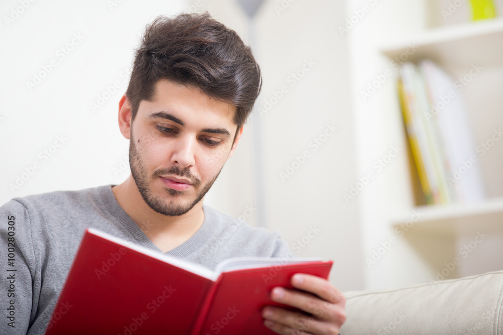 Handsome young man at home writing on notebook, sitting on couch Handsome young man at home writing on notebook, sitting on couch