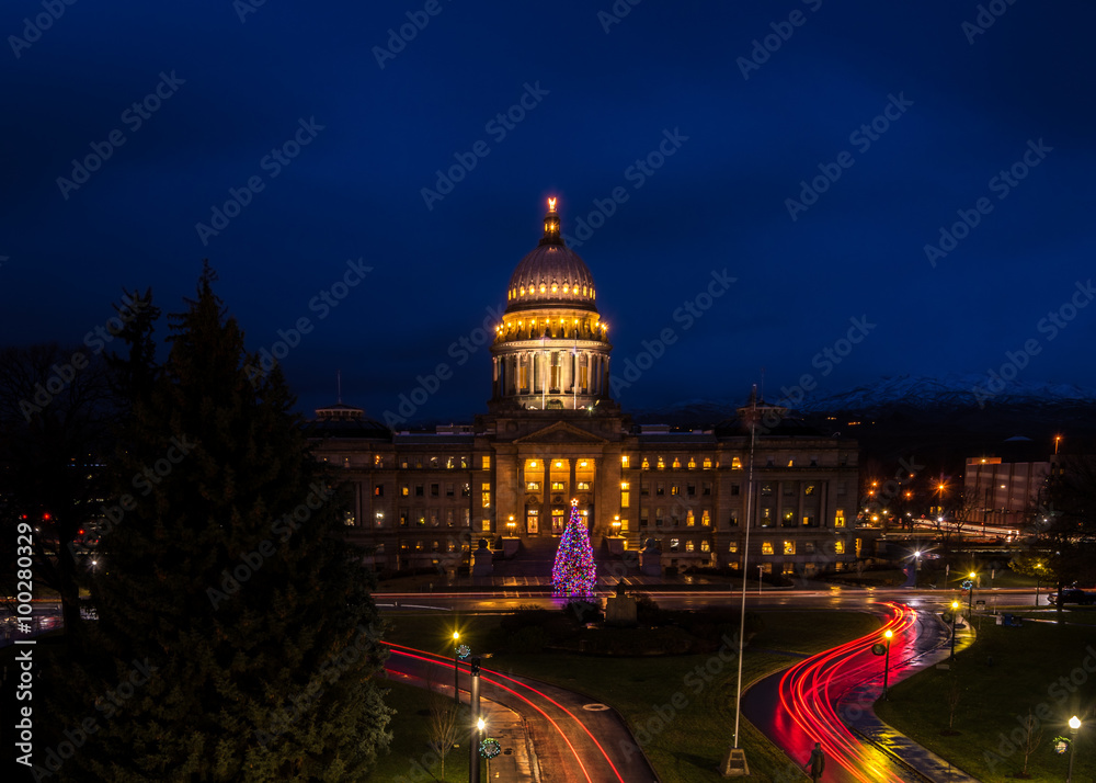 Beautiful state capital of Idaho with Christmas tree and lights