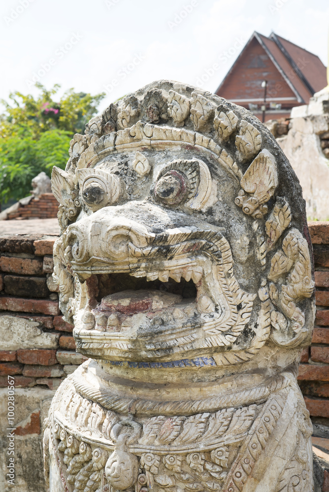 Statue lion style cambodia around pagoda ruins. In 