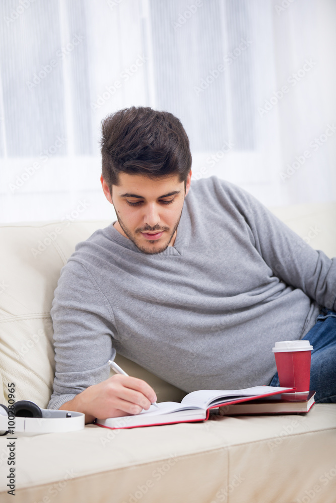 Handsome young man at home writing on notebook, sitting on couch Handsome young man at home writing on notebook, sitting on couch