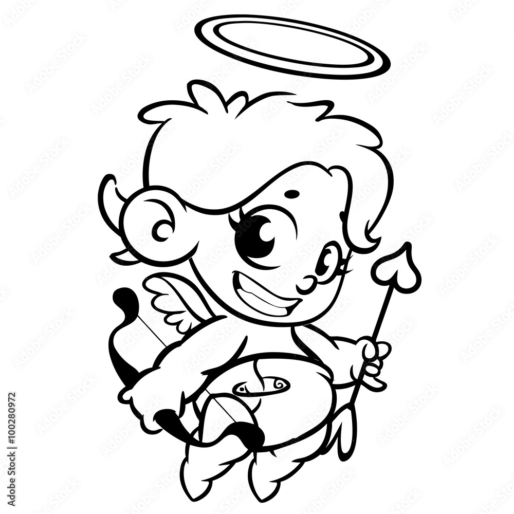 Funny cupid with bow and arrow. Illustration of a Valentine's Day. Monochrome vector line art isolated Funny cupid with bow and arrow. Illustration of a Valentine's Day. Monochrome vector line art isolated