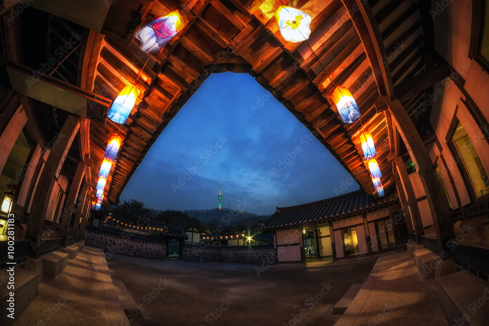 Fototapeta premium Namsangol hanok village with lanterns