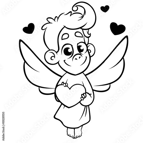 Valentine Day cupid angel cartoon style vector illustration. Amur cupid kid playing.. Monochrome vector line art isolated