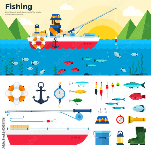 Banner Fisherman on Lake. Items Fishing Icon Set
