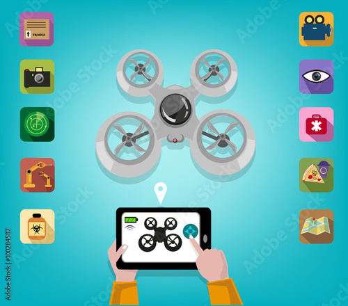 Hand operates a Drone using a Tablet or Smartphone with Icons of Features. Editable Clip Art.
