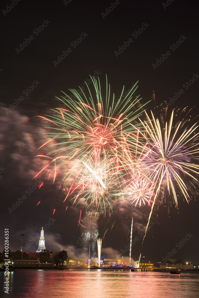 Firework at Wat arun under new year 2016 celebration time, Thail