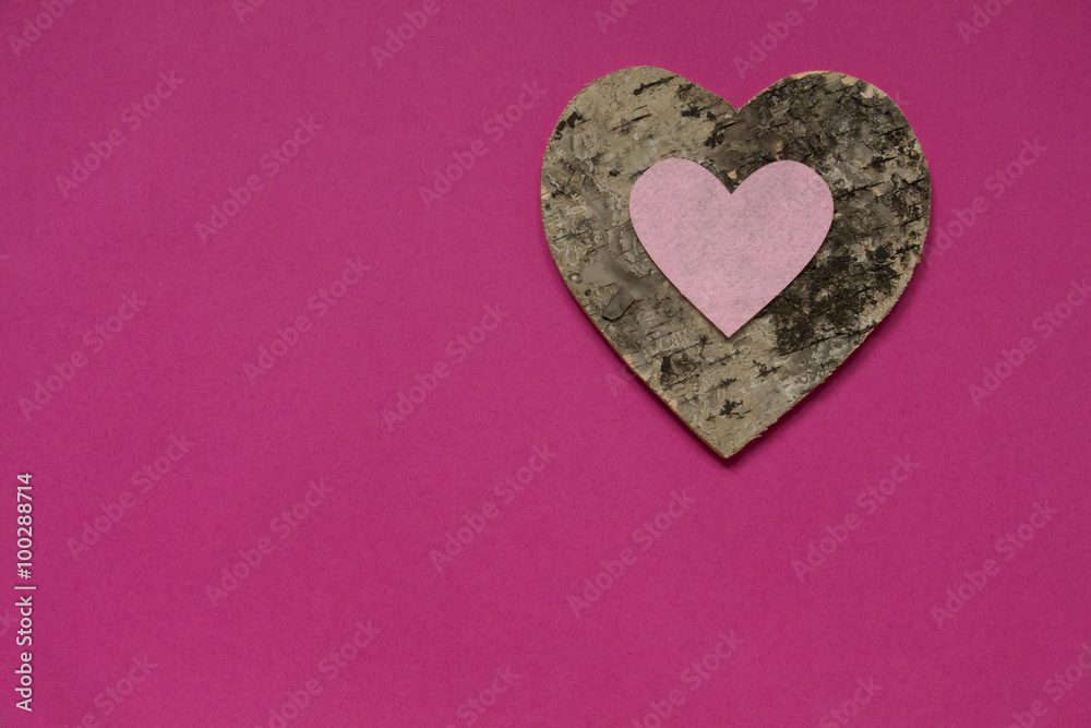 Pink Heart on Wooden heart On Pink Background