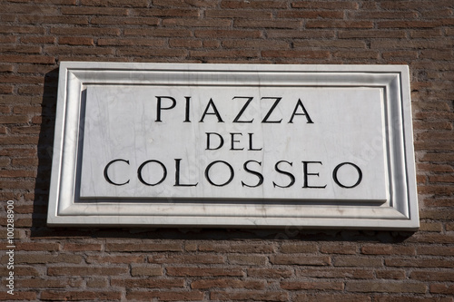 Colosseum Square Sign on Brick Wall in Rome, Italy © kevers