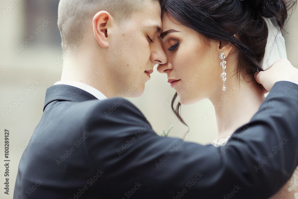 Closeup of a beautiful, sensual newlywed couple hugging and touc