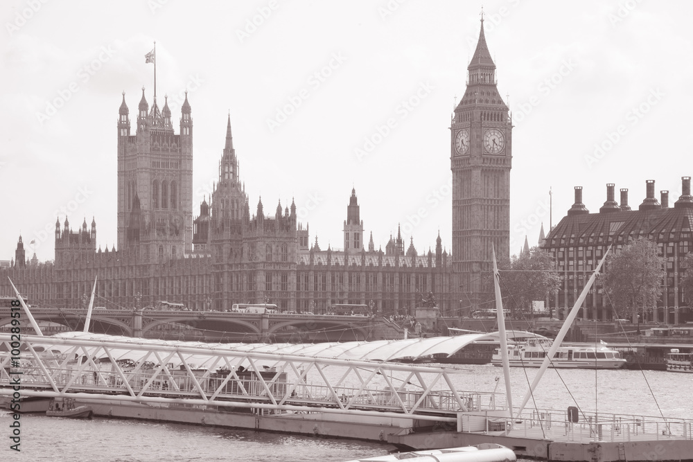 Houses of Parliament and Big Ben, London UK in Black and White Sepia Tone