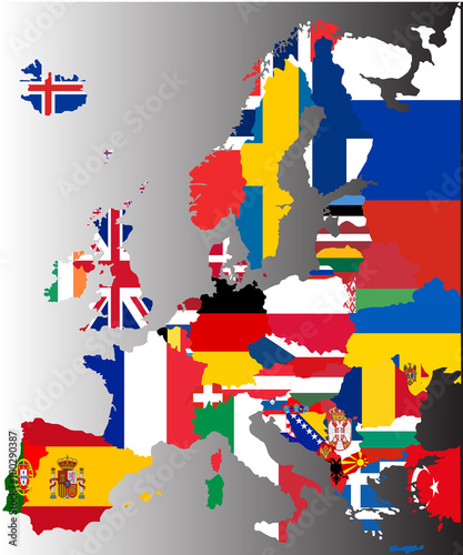 Coloured map of Europe with national flags